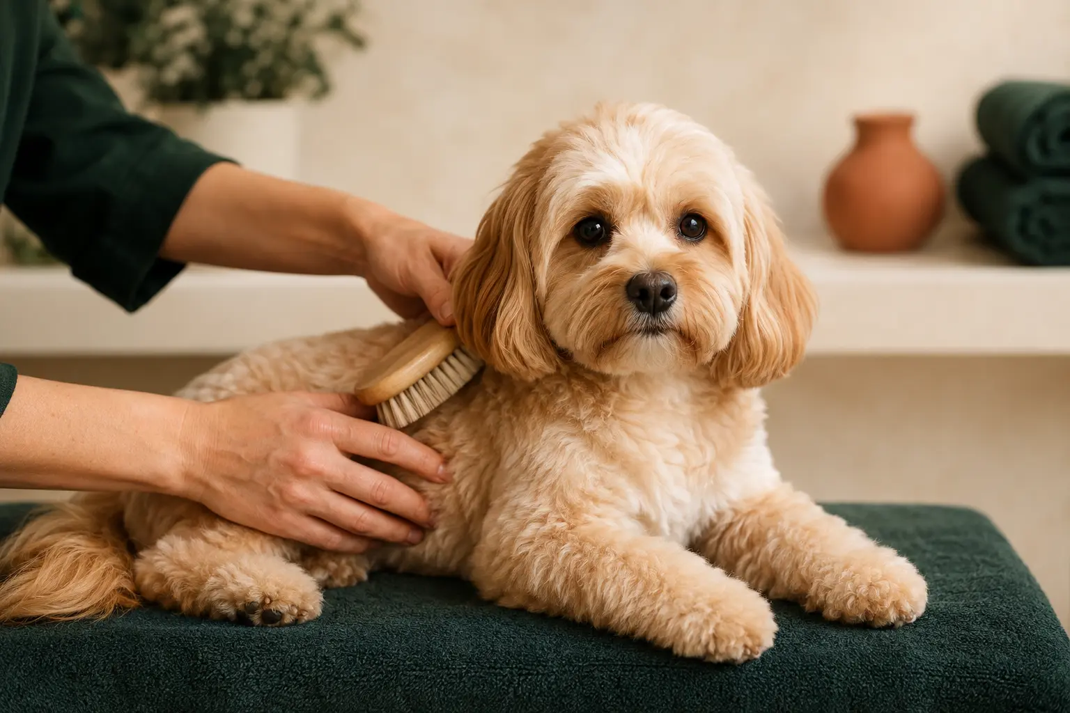 Cachorro recebendo uma escovação cuidadosa