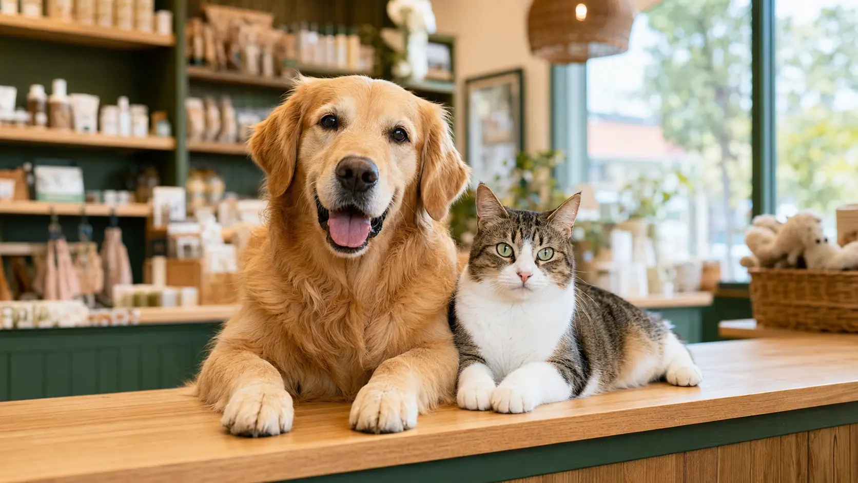 Cachorro e gato juntos em um ambiente acolhedor de pet shop